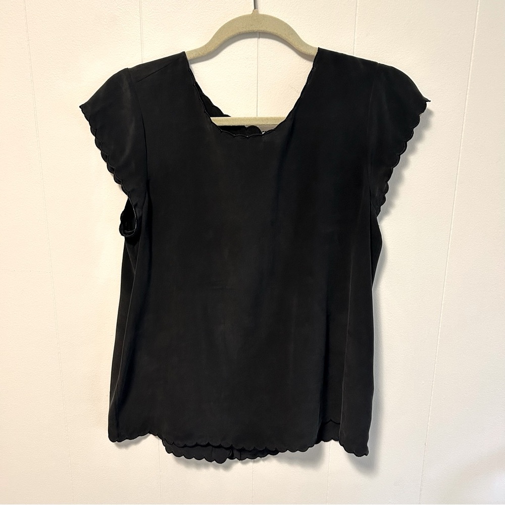 Joie Black Scalloped Blouse with Back Button Detail